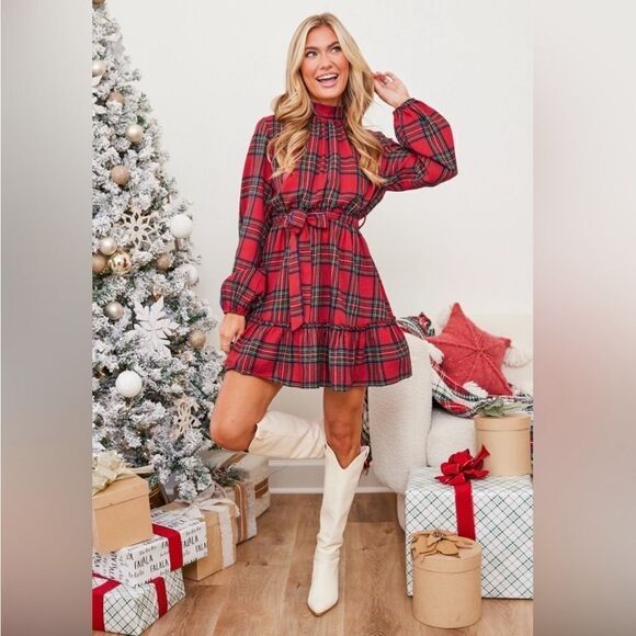 Cupshe Stand Collar Belted Ruffle Frill Plaid Gingham Check Dress Open Tie Back - Picture 3 of 11